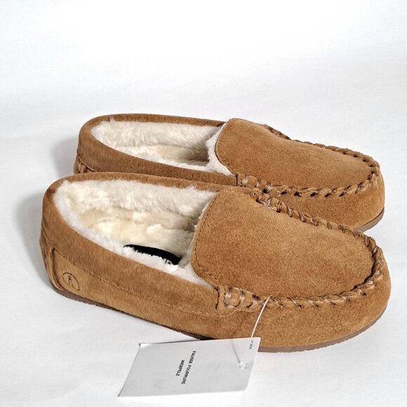 NWT Lands End Toddler Boy Suede Preppy Sherpa Mocassin Slippers Hard Sole 12 - Picture 1 of 9